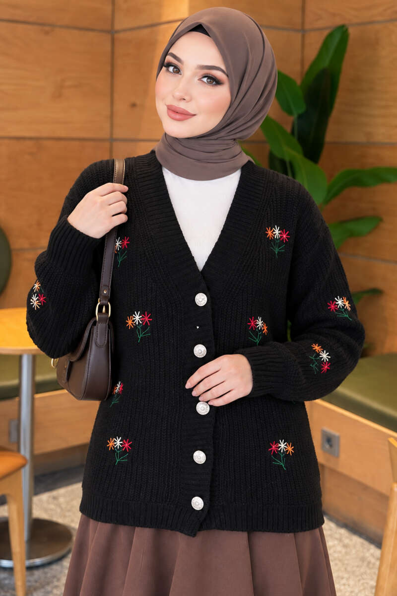 Embroidered Floral Button-Up Knit Cardigan Black - Image 3