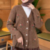 Embroidered Floral Button-Up Knit Cardigan Mink