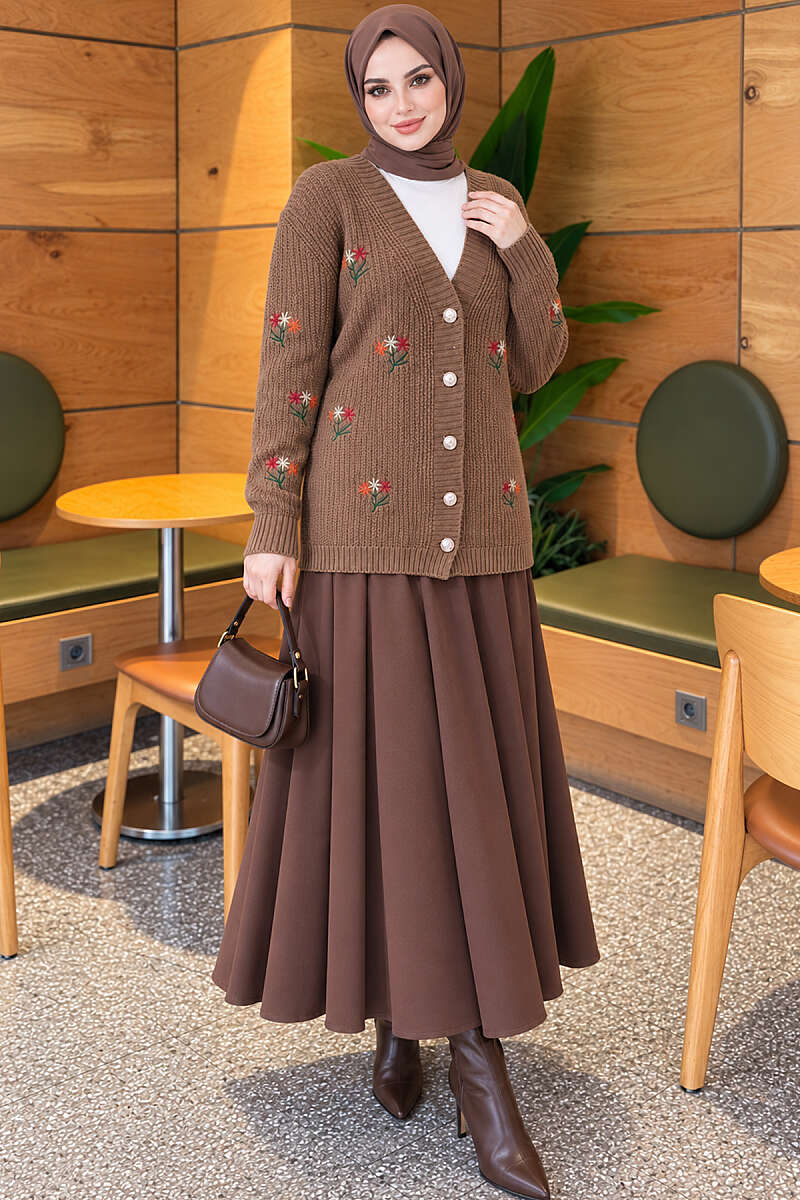 Embroidered Floral Button-Up Knit Cardigan Mink - الصورة 2