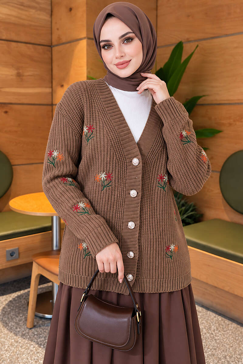 Embroidered Floral Button-Up Knit Cardigan Mink - الصورة 3