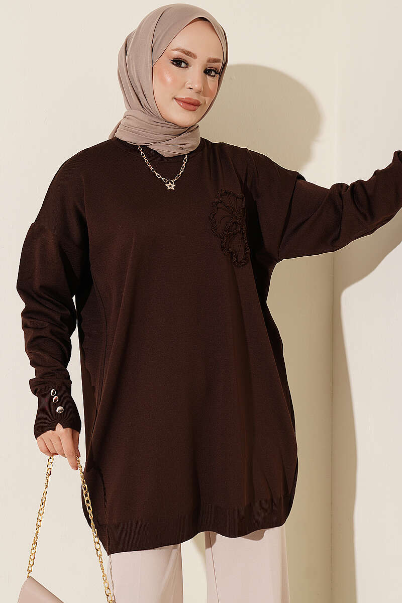 Embroidered Flower French Terry Tunic Brown - الصورة 5