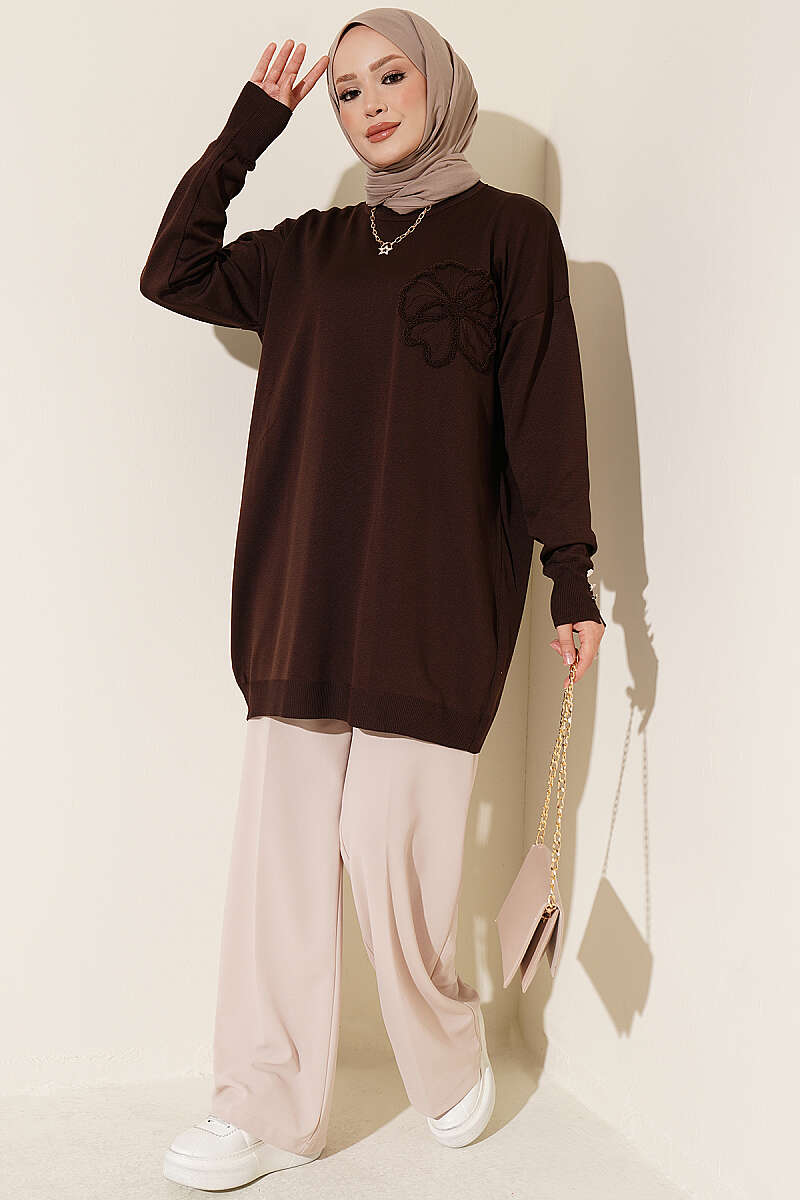 Embroidered Flower French Terry Tunic Dark Brown – Bild 2