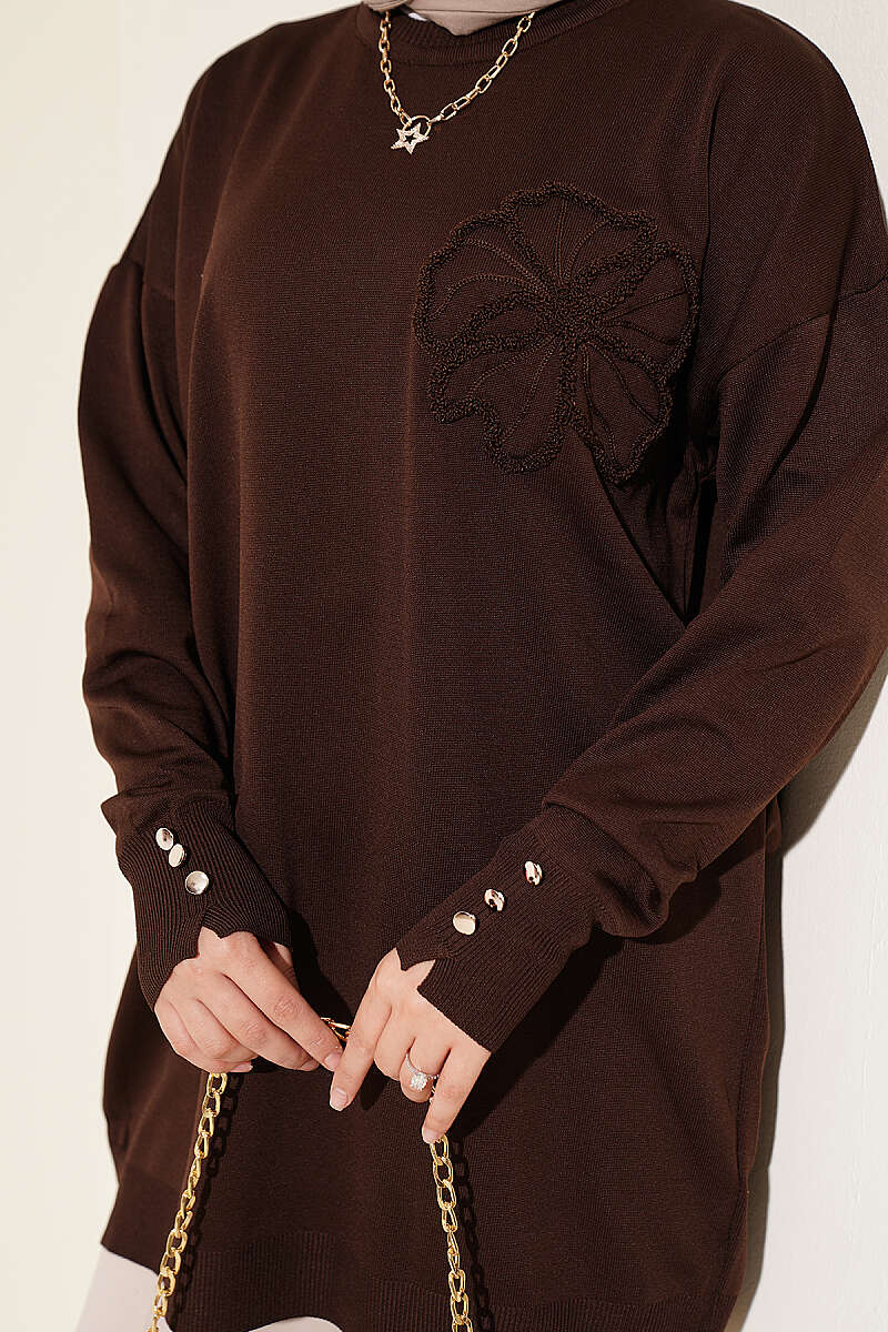 Embroidered Flower French Terry Tunic Dark Brown – Bild 4