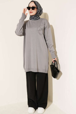 Alternative view of Embroidered Flower French Terry Tunic Grey