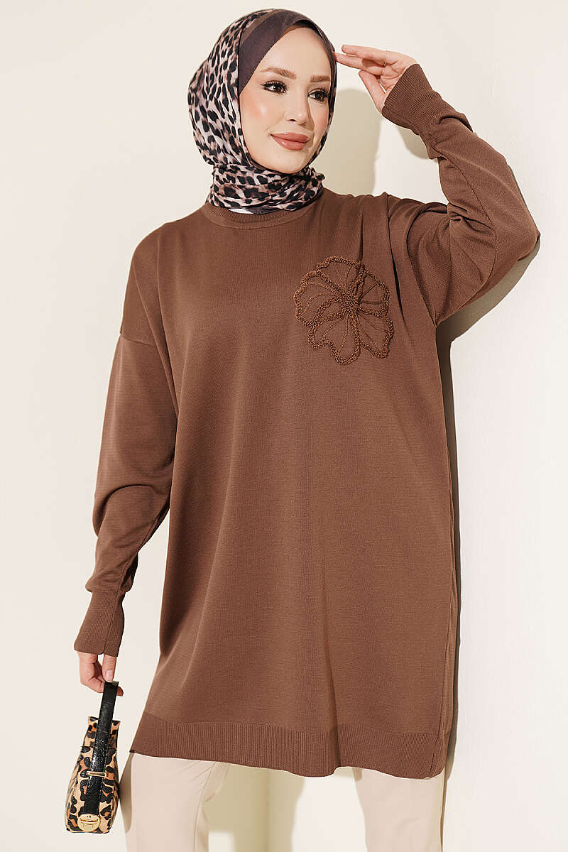 Embroidered Flower French Terry Tunic Brown