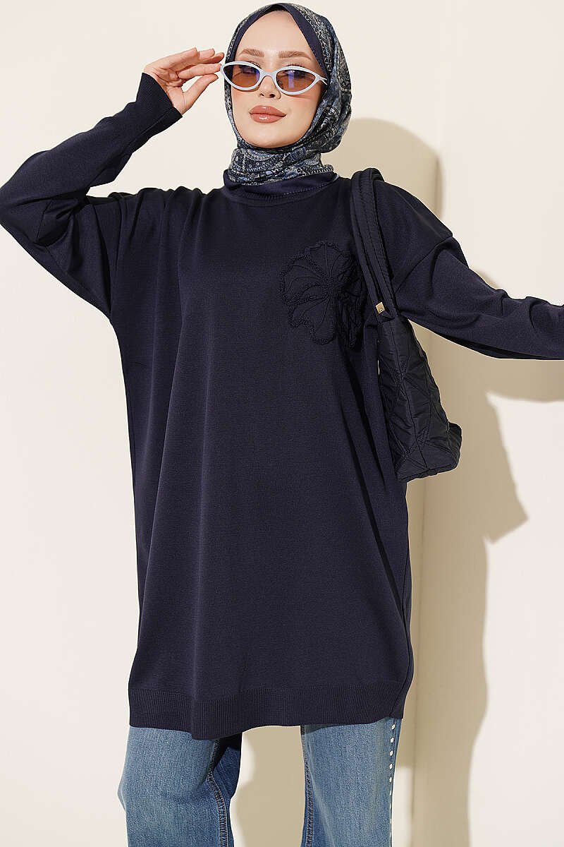 Embroidered Flower French Terry Tunic Navy Blue
