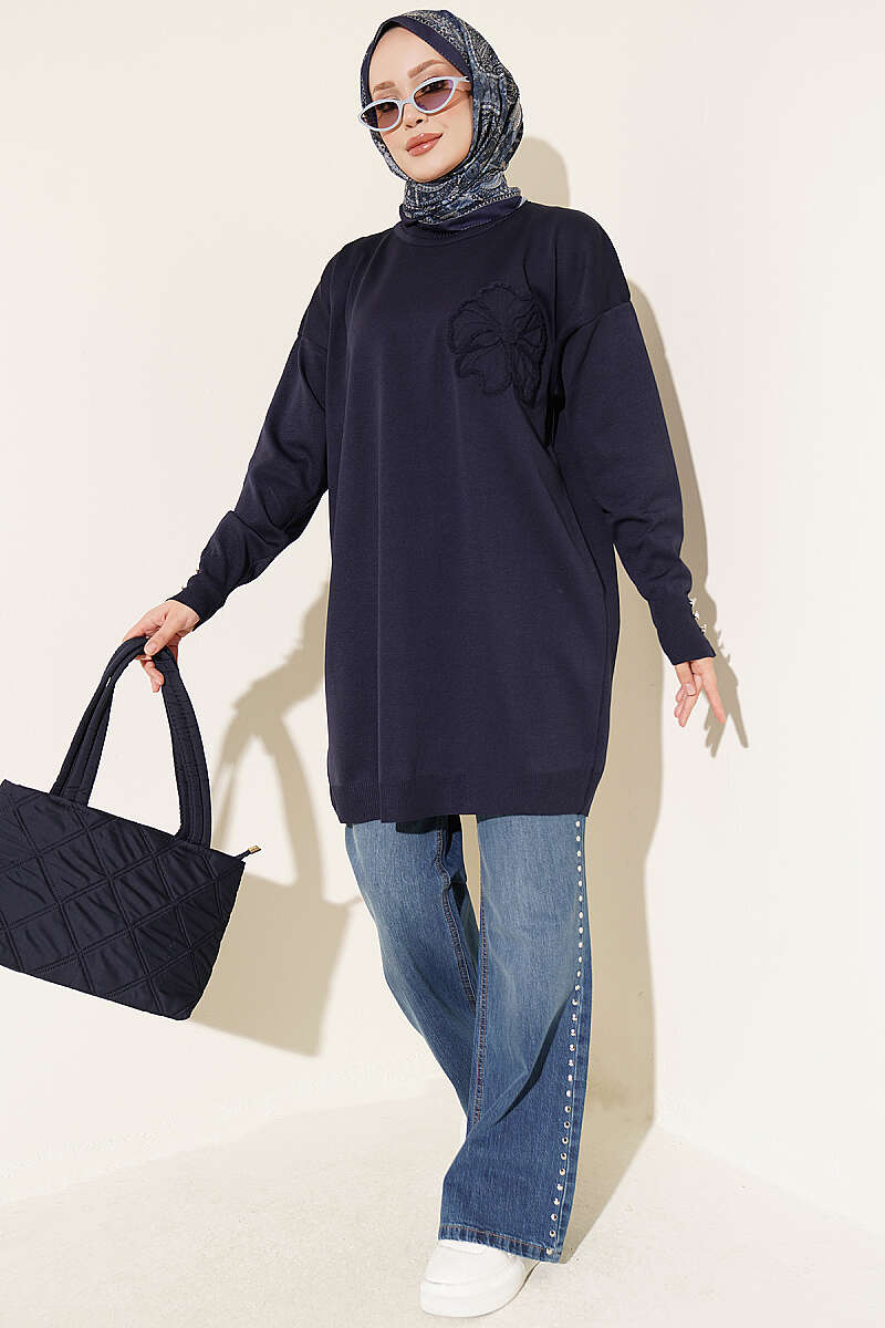 Embroidered Flower French Terry Tunic Navy Blue - Imagen 2