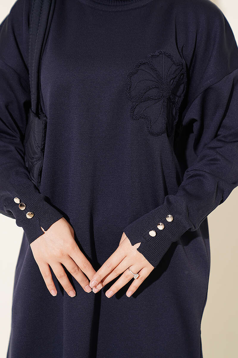 Embroidered Flower French Terry Tunic Navy Blue - Imagen 4