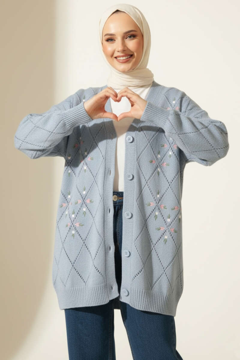 Floral Diamond Pattern Knit Cardigan Baby Blue