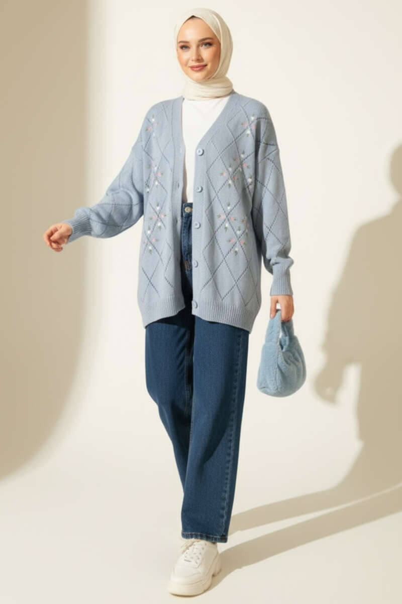 Floral Diamond Pattern Knit Cardigan Baby Blue - الصورة 2