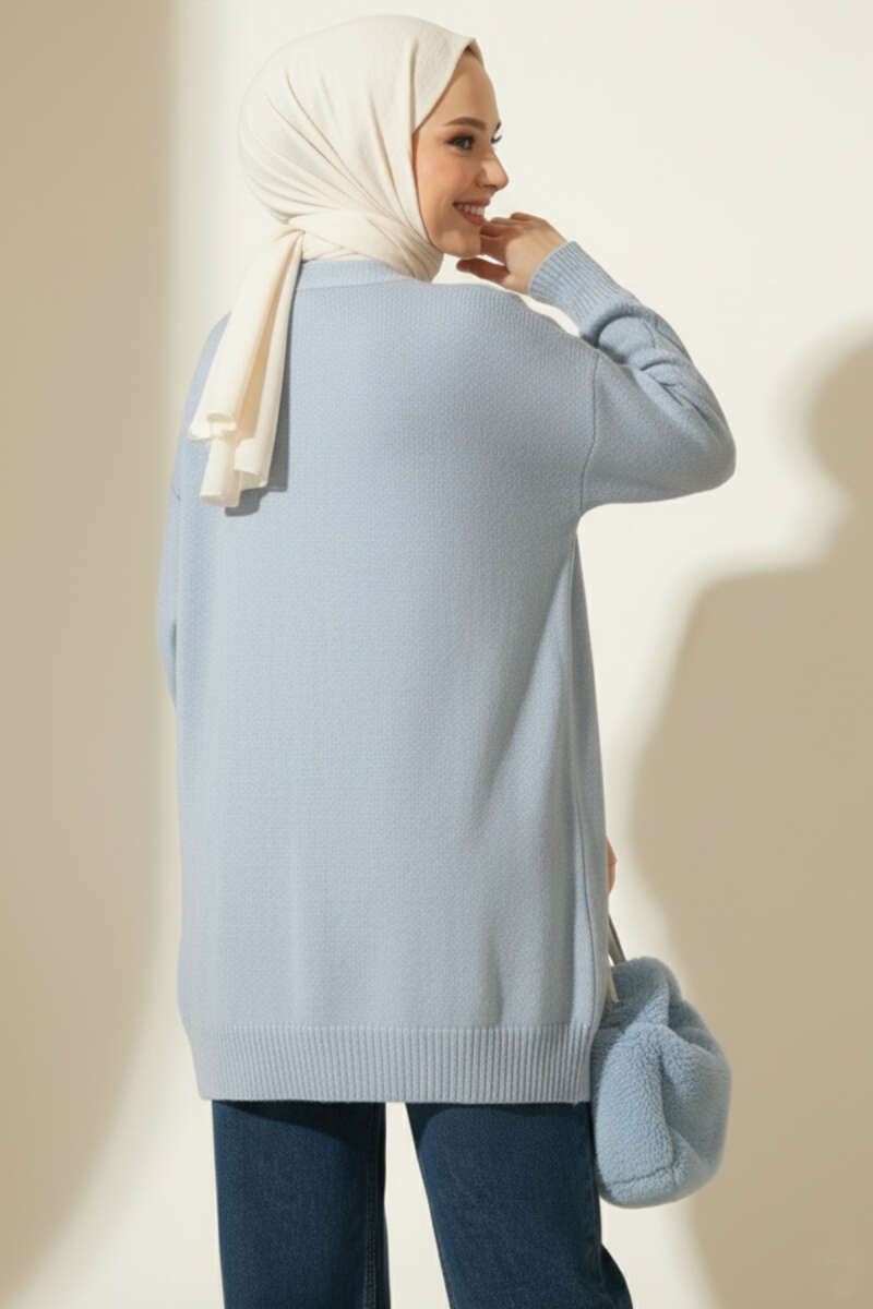 Floral Diamond Pattern Knit Cardigan Baby Blue - الصورة 3