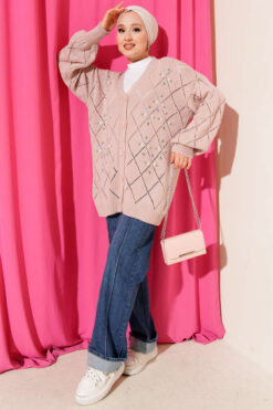Alternative view of Floral Diamond Pattern Knit Cardigan Powder Pink