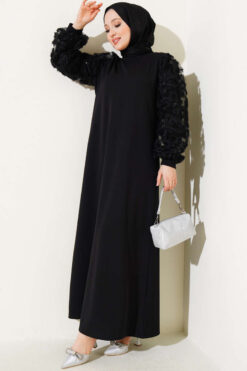Floral Mesh Sleeve Dress Black