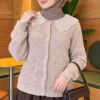 Double-Pocket Lace-Collar Knit Cardigan Beige