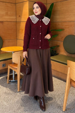 Alternative view of Double-Pocket Lace-Collar Knit Cardigan Burgundy