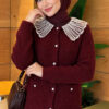Double-Pocket Lace-Collar Knit Cardigan Burgundy – Bild 3