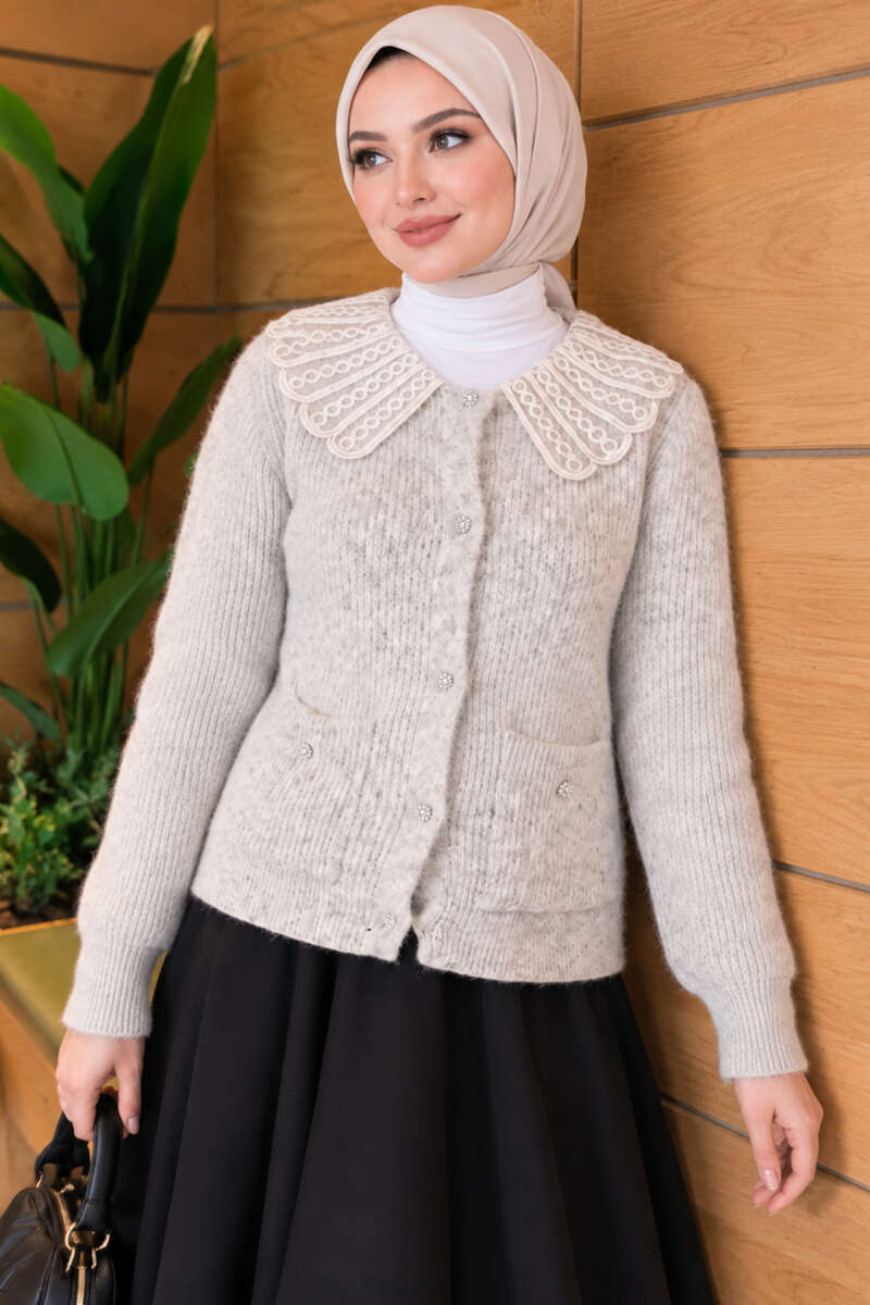 Double-Pocket Lace-Collar Knit Cardigan Grey