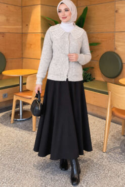 Alternative view of Double-Pocket Lace-Collar Knit Cardigan Grey