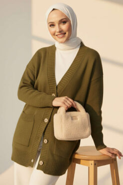 Double Pocket Buttoned Knit Cardigan Khaki
