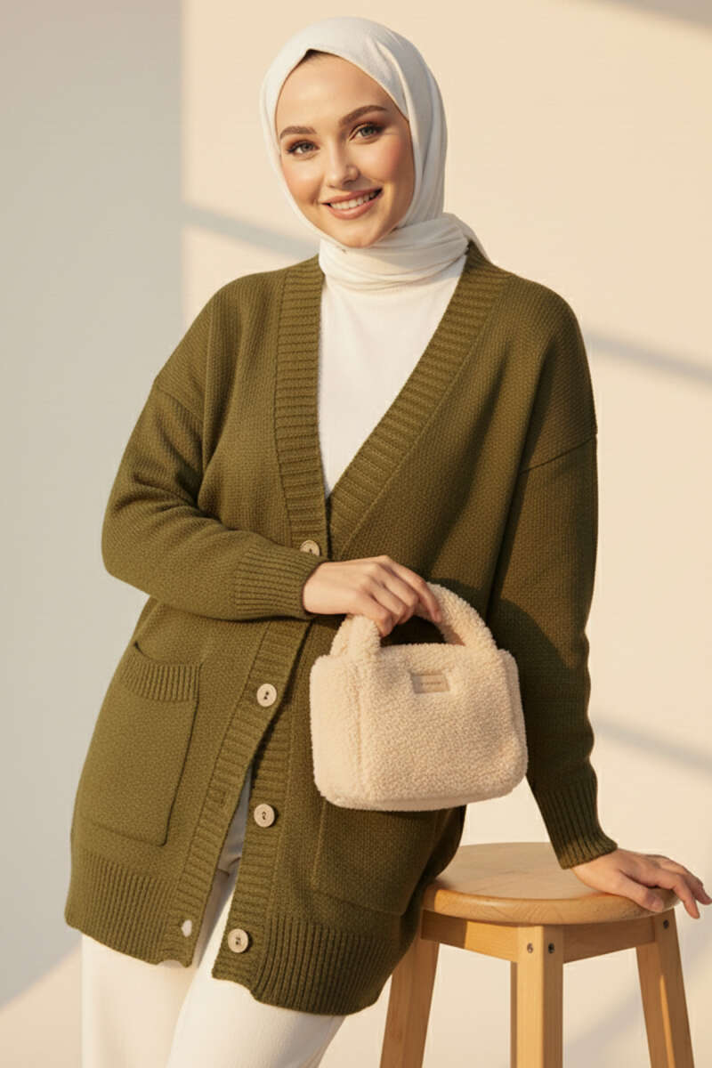 Double Pocket Buttoned Knit Cardigan Khaki