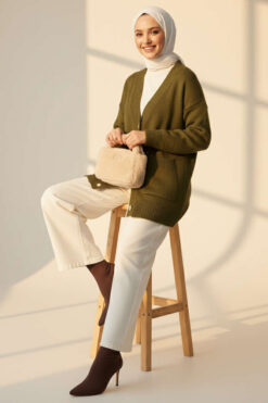 Alternative view of Double Pocket Buttoned Knit Cardigan Khaki