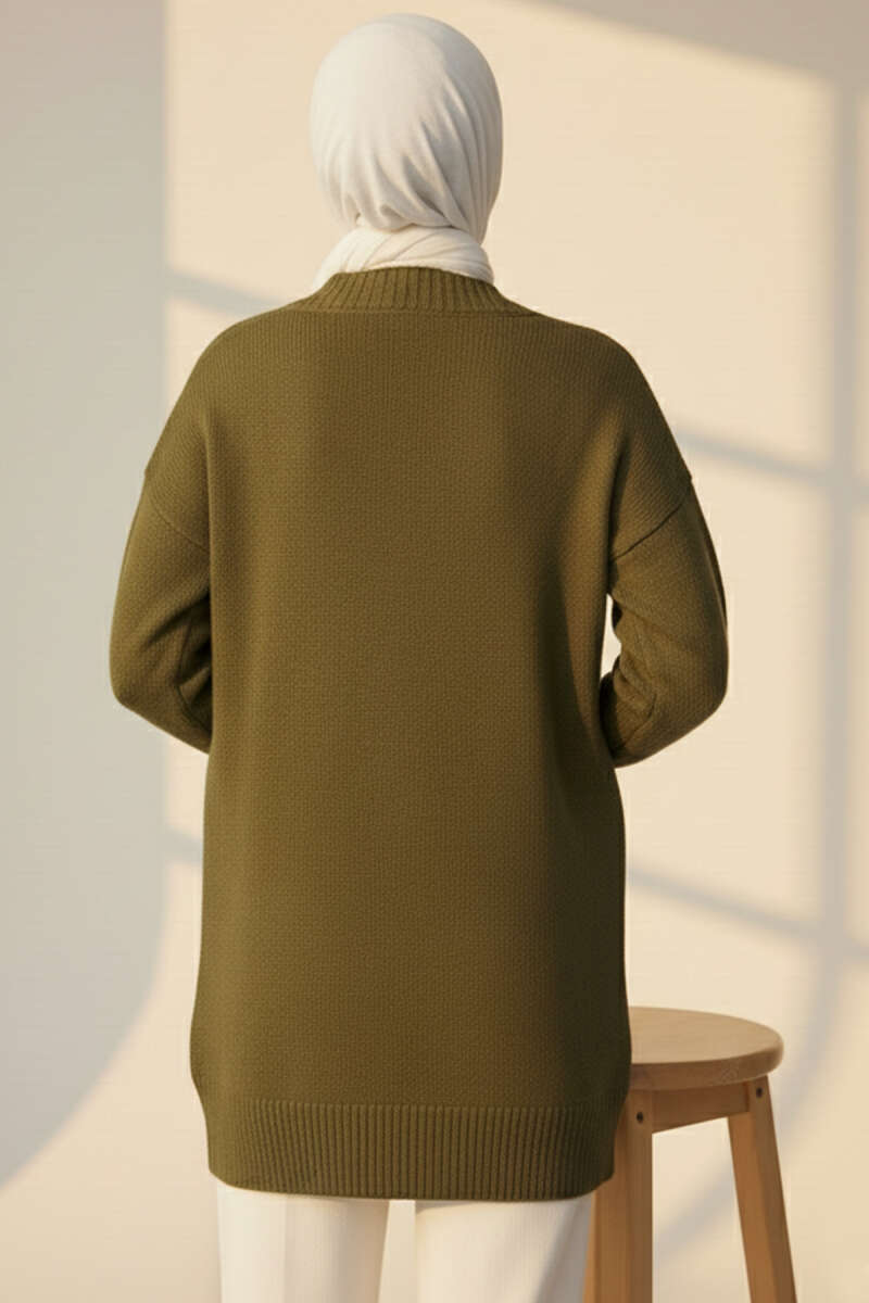 Double Pocket Buttoned Knit Cardigan Khaki - Image 3