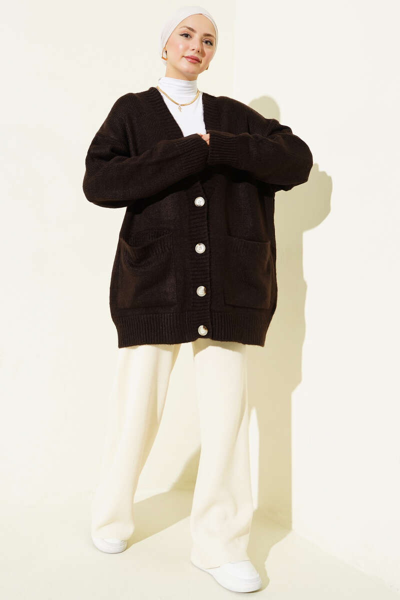 Double Pocket Buttoned Knit Cardigan Brown - Imagen 2