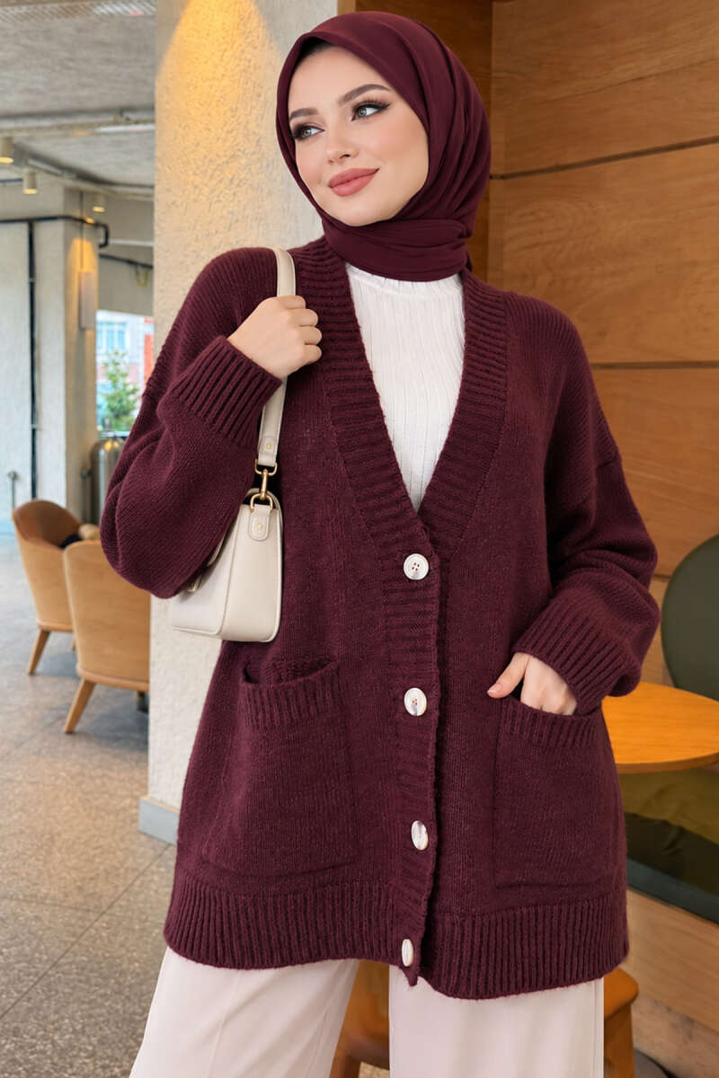 Double Pocket Buttoned Knit Cardigan Plum