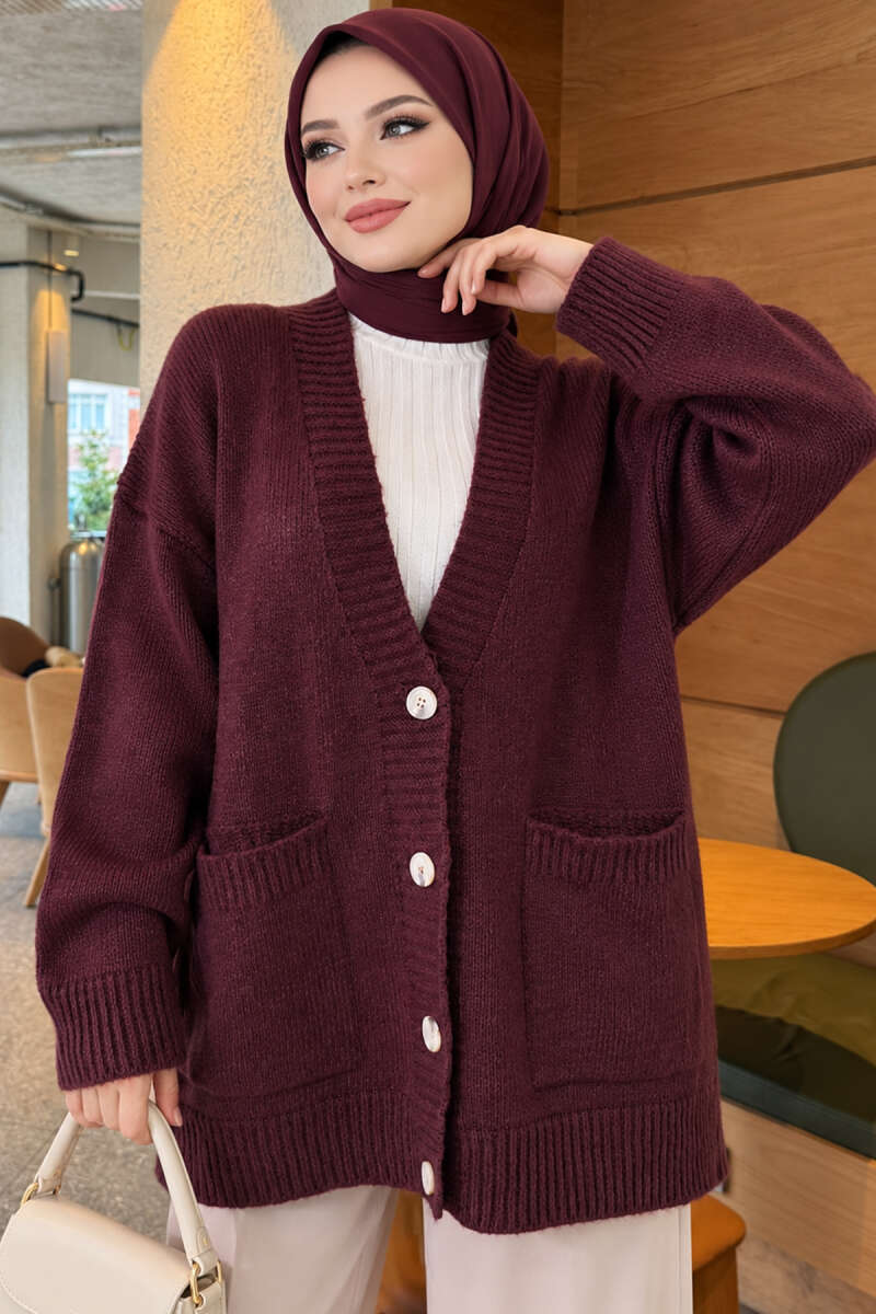 Double Pocket Buttoned Knit Cardigan Plum - الصورة 3