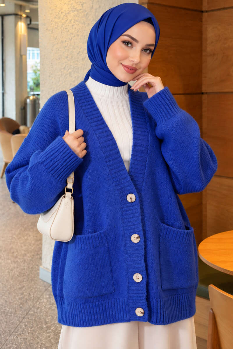 Double Pocket Buttoned Knit Cardigan Saxon Blue