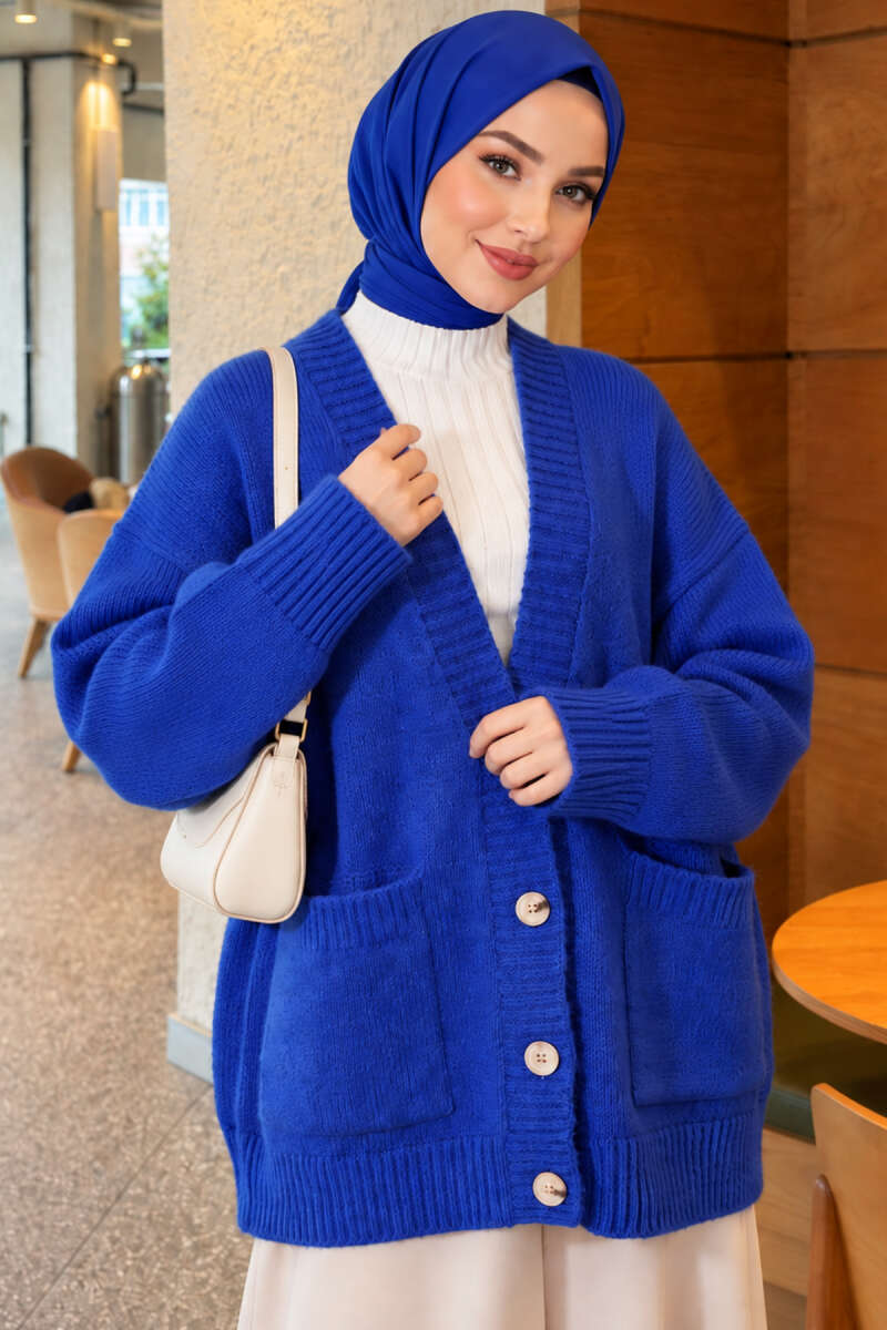 Double Pocket Buttoned Knit Cardigan Saxon Blue - Image 3