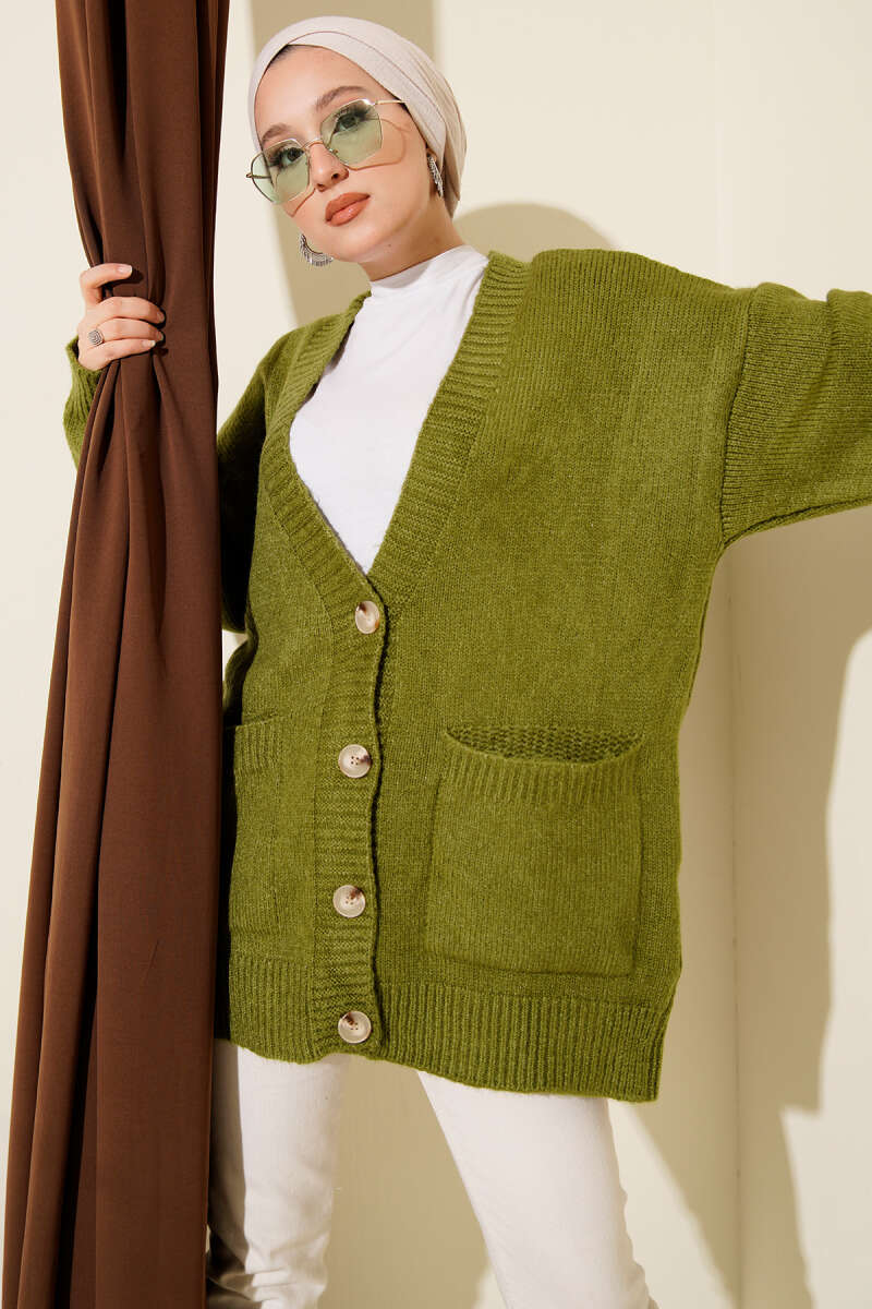 Double Pocket Buttoned Knit Cardigan Oil Green
