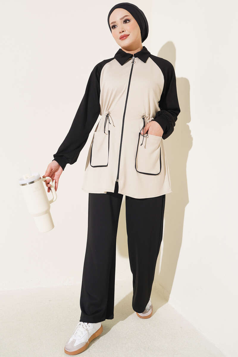 Two-Pocket Waffle Knit Two-Piece Set Black