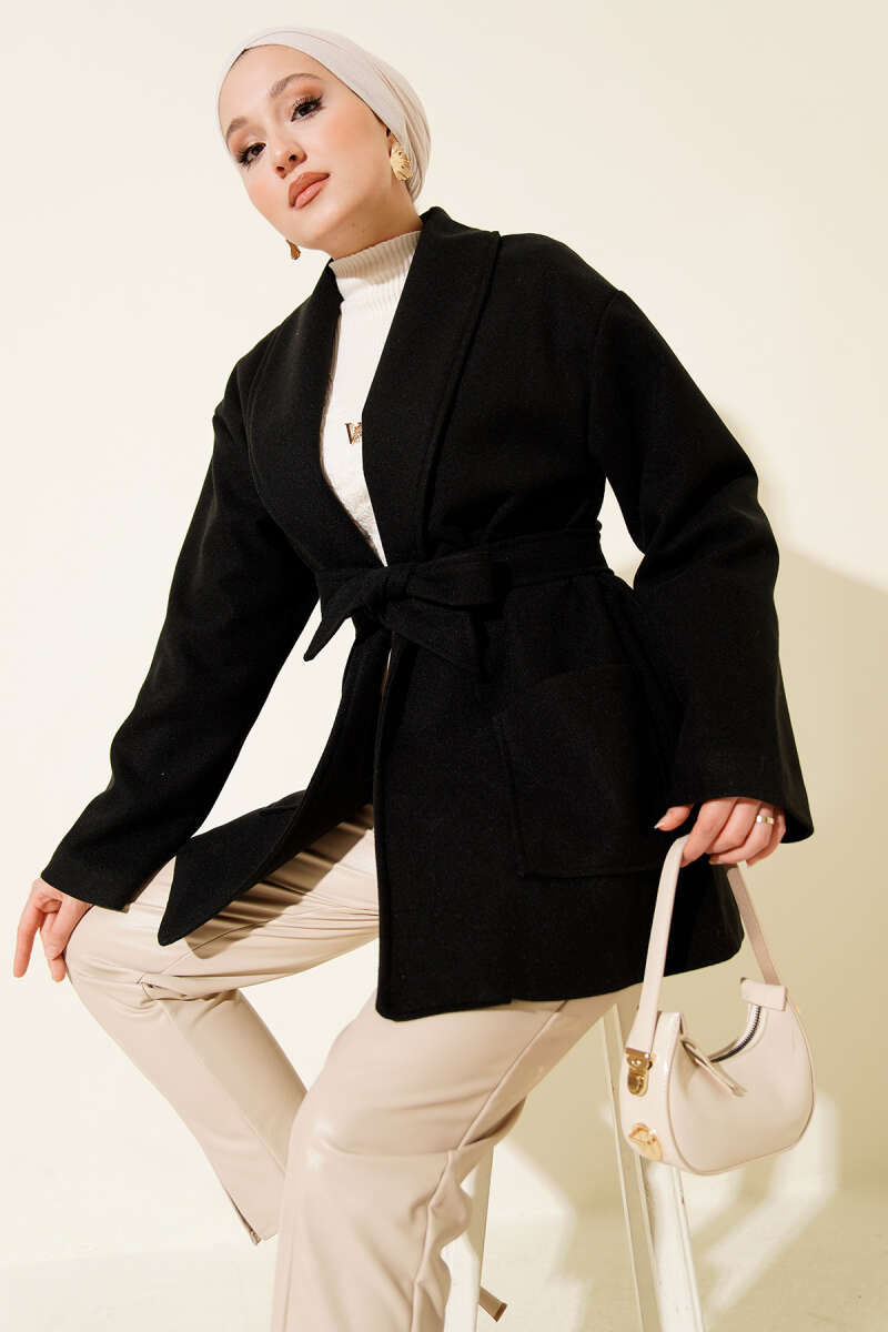 Double-Pocket Wrap Belted Short Coat Black