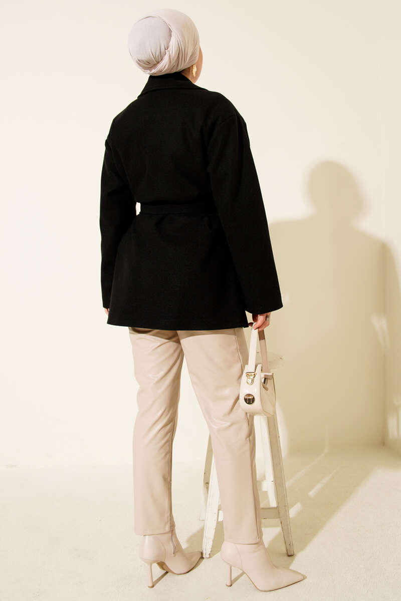 Double-Pocket Wrap Belted Short Coat Black – Bild 3