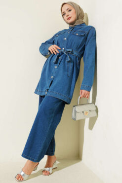 Double-Pocket Belted Denim Two-Piece Set Denim Blue