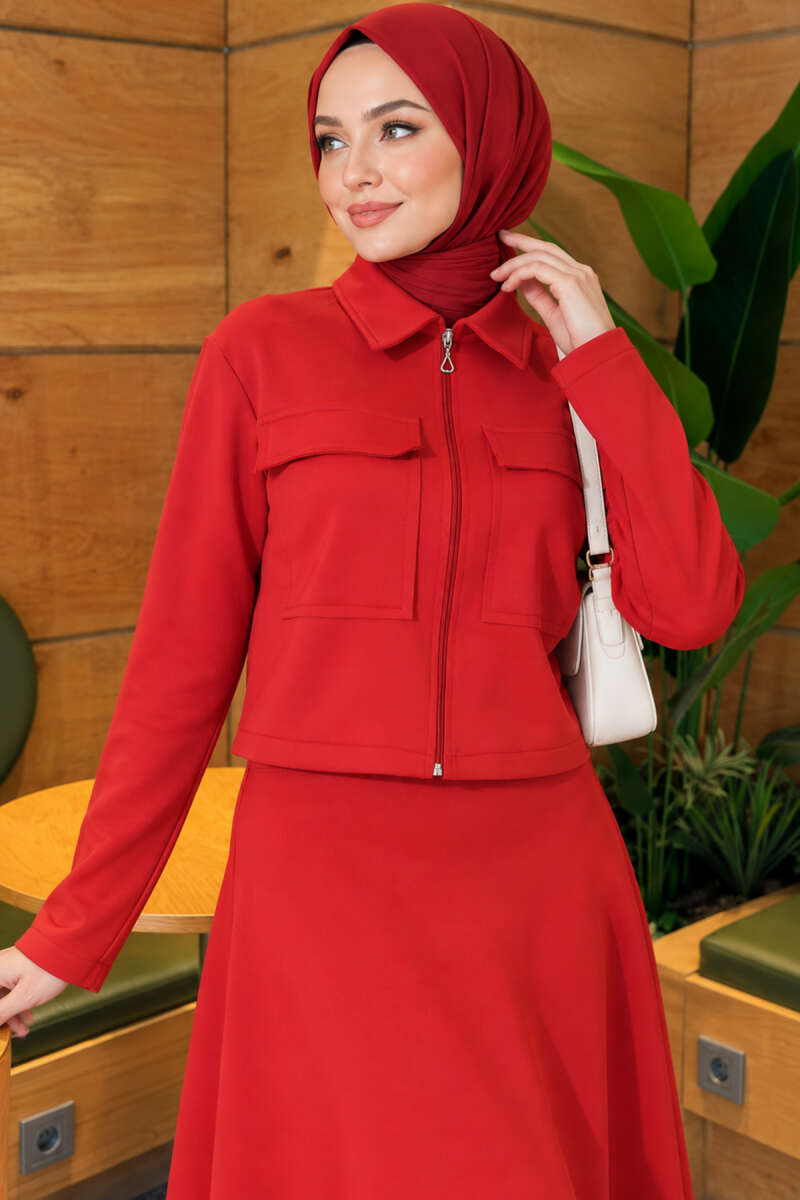 Double-Pocket Scuba Two-Piece Set with Hem Edge Red - Image 2