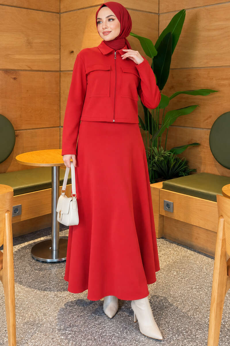 Double-Pocket Scuba Two-Piece Set with Hem Edge Red - Image 3