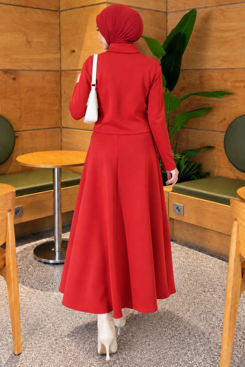 Double-Pocket Scuba Two-Piece Set with Hem Edge Red - Image 4