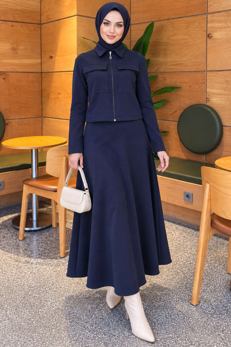 Double-Pocket Scuba Two-Piece Set with Hem Edge Navy Blue