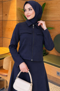 Alternative view of Double-Pocket Scuba Two-Piece Set with Hem Edge Navy Blue