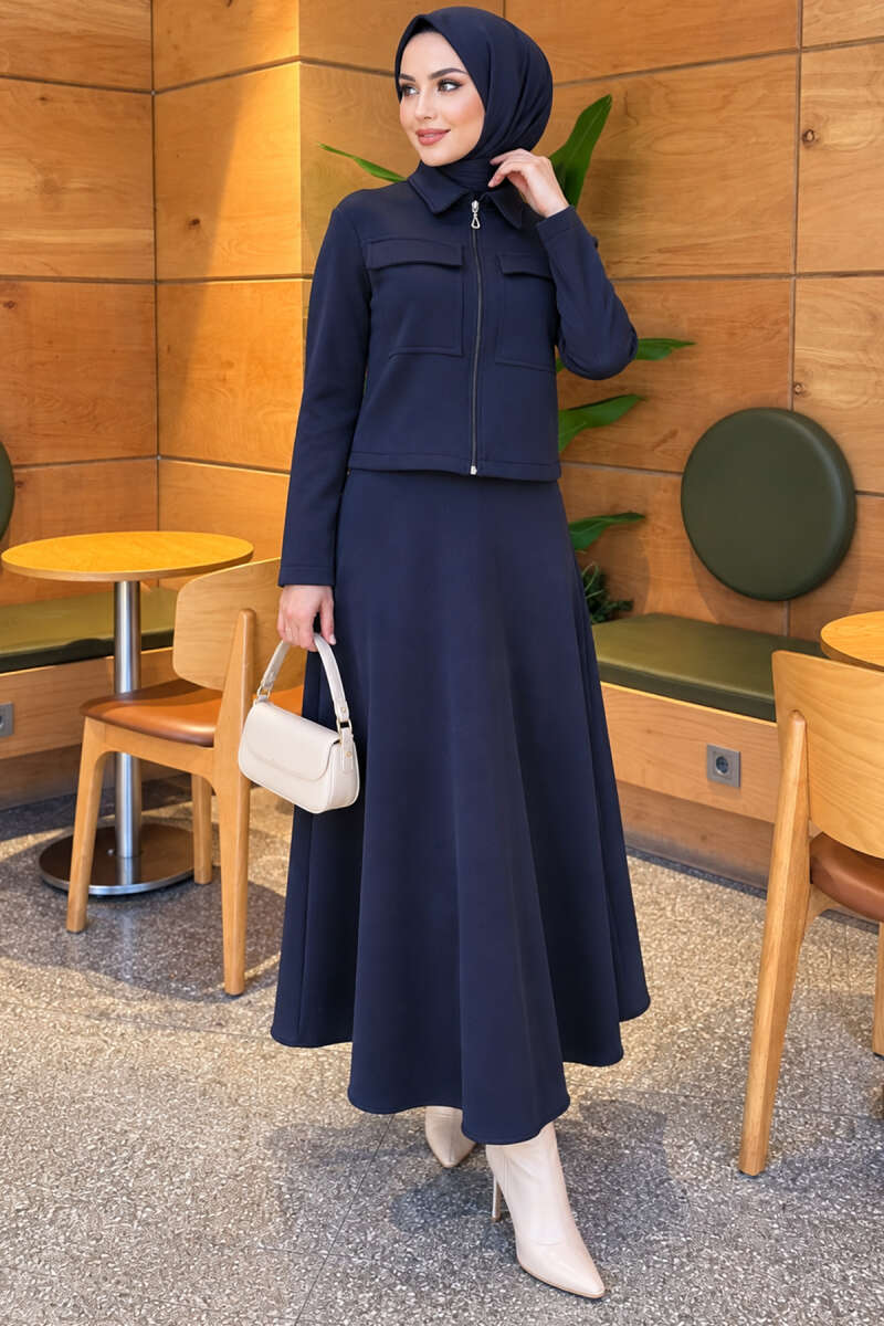 Double-Pocket Scuba Two-Piece Set with Hem Edge Navy Blue - الصورة 3