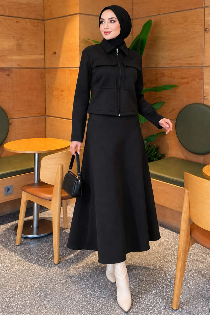 Double-Pocket Scuba Two-Piece Set with Hem Edge Black - Image 3