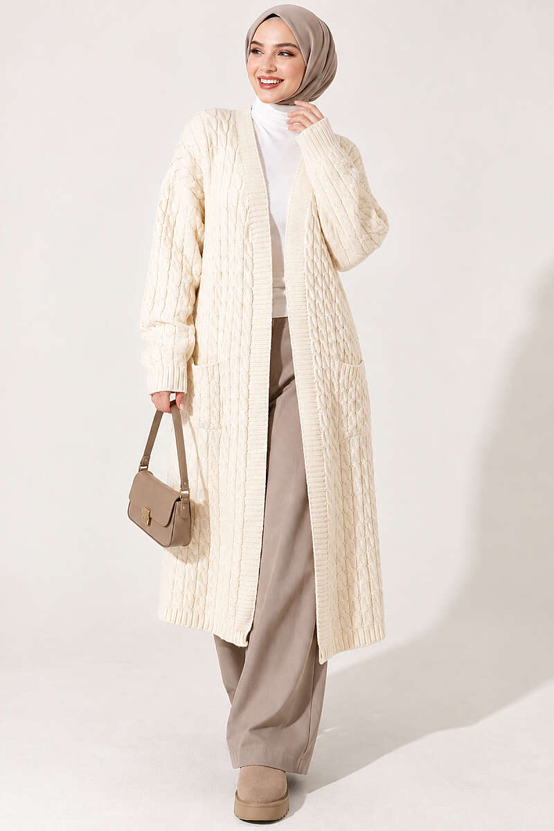 Long French Terry Cardigan with Double Pockets Beige