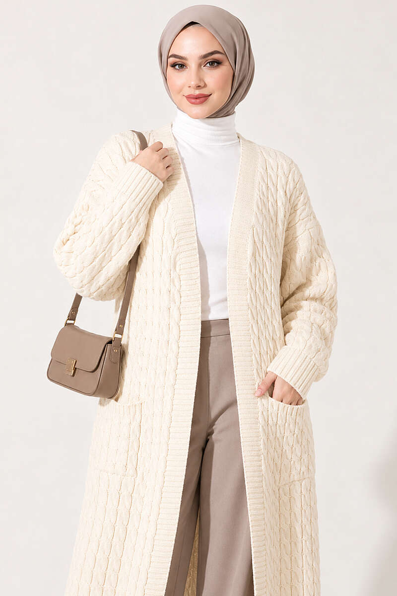 Long French Terry Cardigan with Double Pockets Beige - Image 2