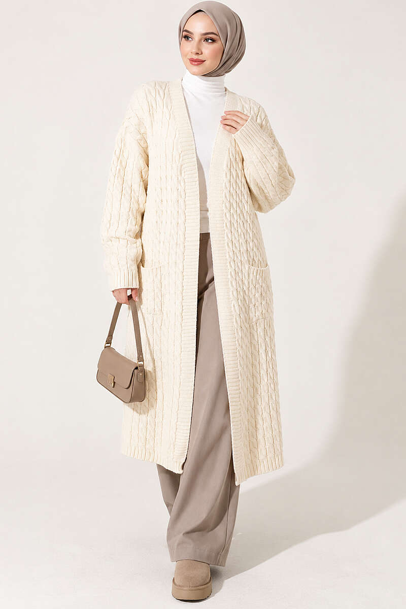 Long French Terry Cardigan with Double Pockets Beige - Image 3