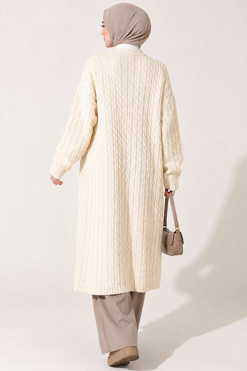 Long French Terry Cardigan with Double Pockets Beige - Image 4