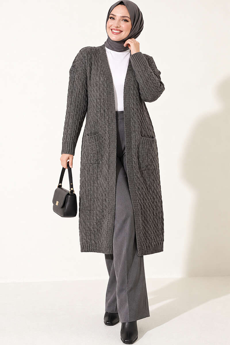 Long French Terry Cardigan with Double Pockets Smoke