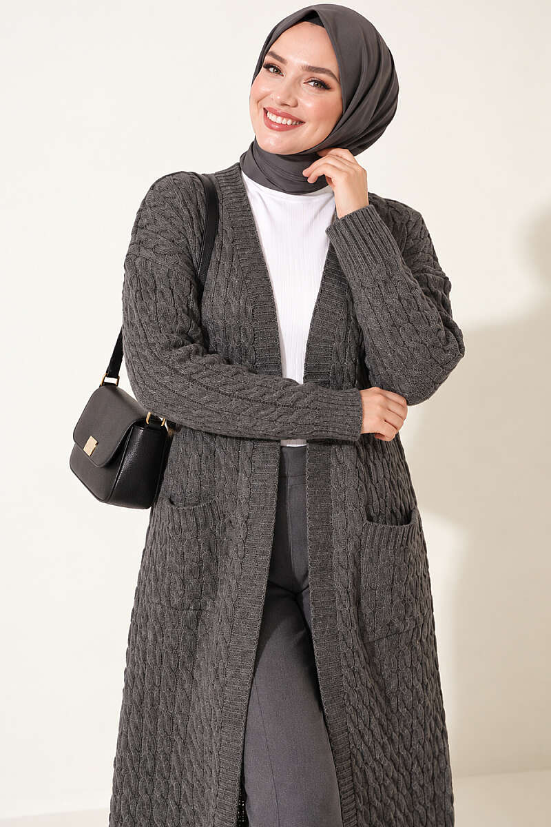 Long French Terry Cardigan with Double Pockets Smoke - الصورة 2