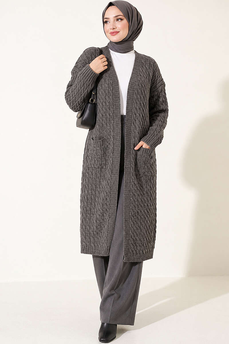 Long French Terry Cardigan with Double Pockets Smoke - الصورة 3